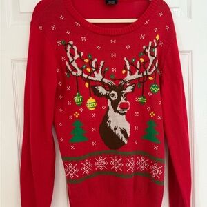 Well Worn Red Cowl Neck Sweater with Reindeer Design